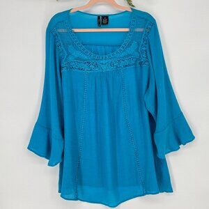 New Directions Woman 3X Crochet Lace Peasant Blouse Boho Flowy Crinkle Tunic Top